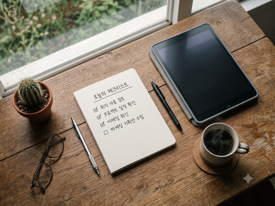 성지 방문 전 확인할 체크리스트가 적힌 노트, 태블릿, 커피가 놓인 책상