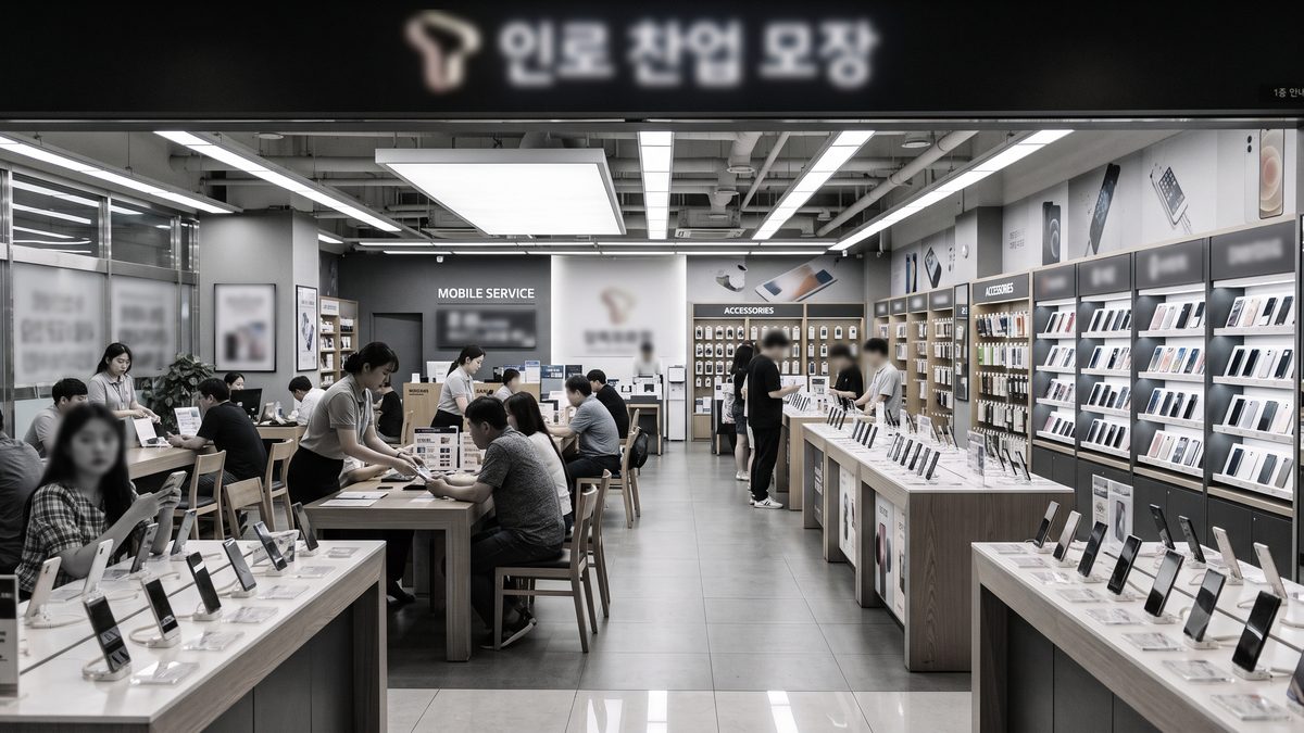 여러 이용자가 진열대를 둘러보고 상담을 받는 휴대폰 매장 내부 전경